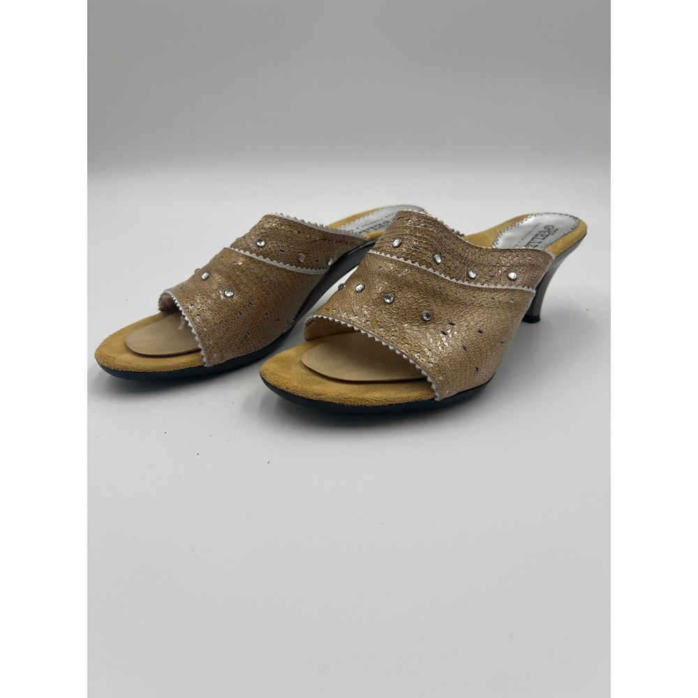 Helle Comfort W70204 Tan Snakeskin Rhinestone Kitten Heel Slides Size 39
